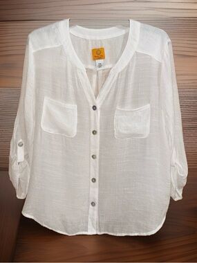 Ruby Rd. Petite White Gauzy Button-Down Shirt w/Chest Pockets-PXL-EC